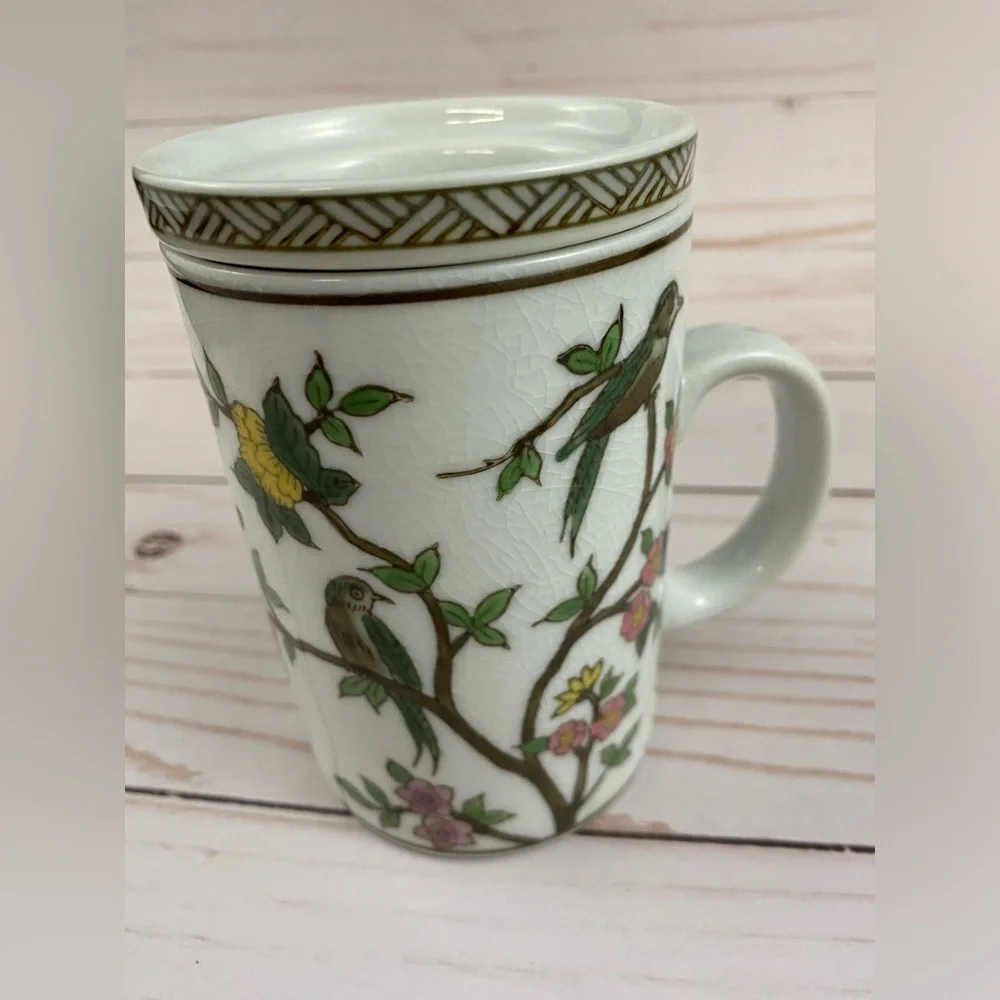 Pier 1 Imports Porcelain Tea Infuser Mug Birds & Blossoms Hand Painted NO LID